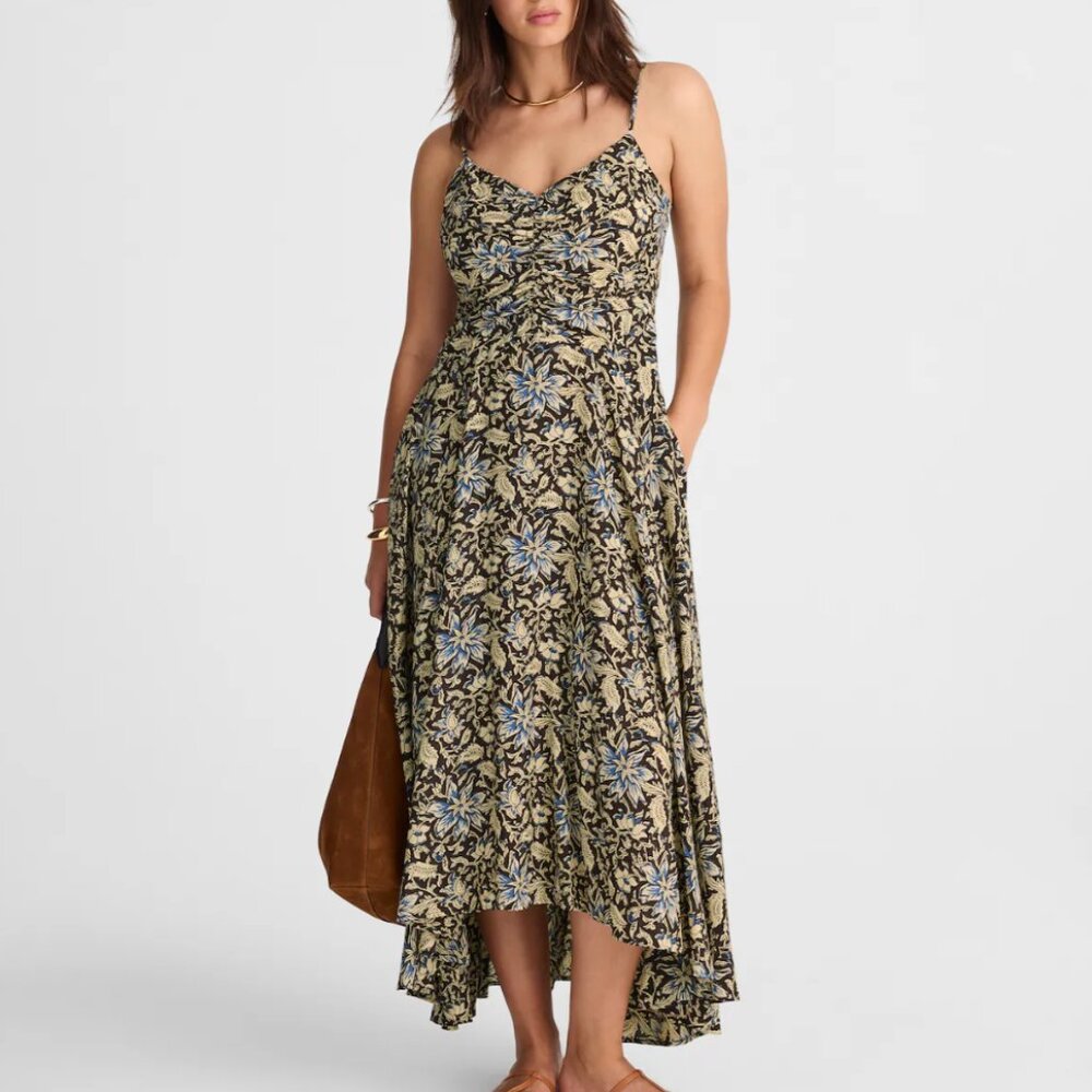 Madewell Ruched High-Low Slip Dress Dark Carob Floral